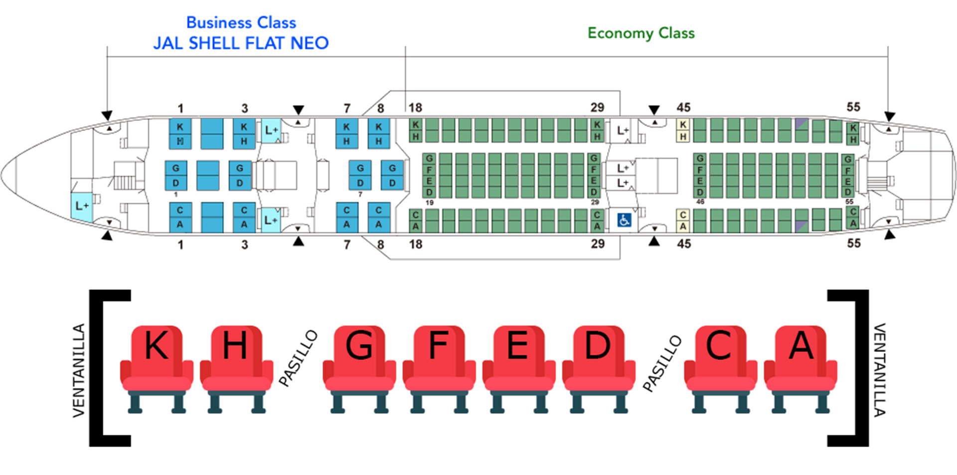 Distribución de los asientos de Japan Airlines